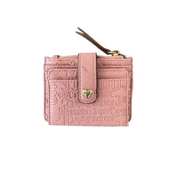 Juicy Couture Pink Embossed Wallet Card Holder Zip Coin Pouch Heart Charm Logo - Picture 1 of 4